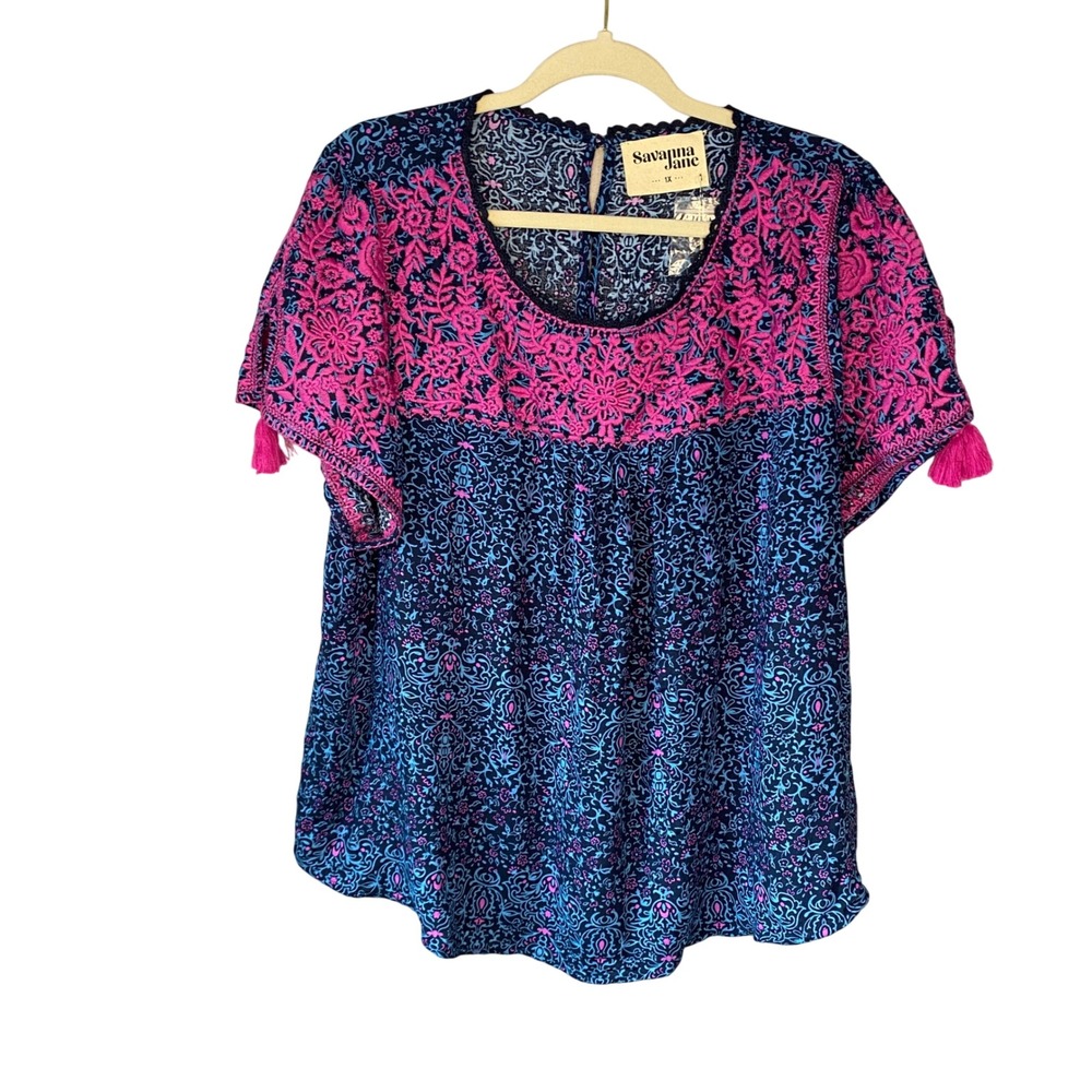 Savanna Jane Womens 1X Embroidered Paisley Tassel Top Navy Pink PT10140 NEW